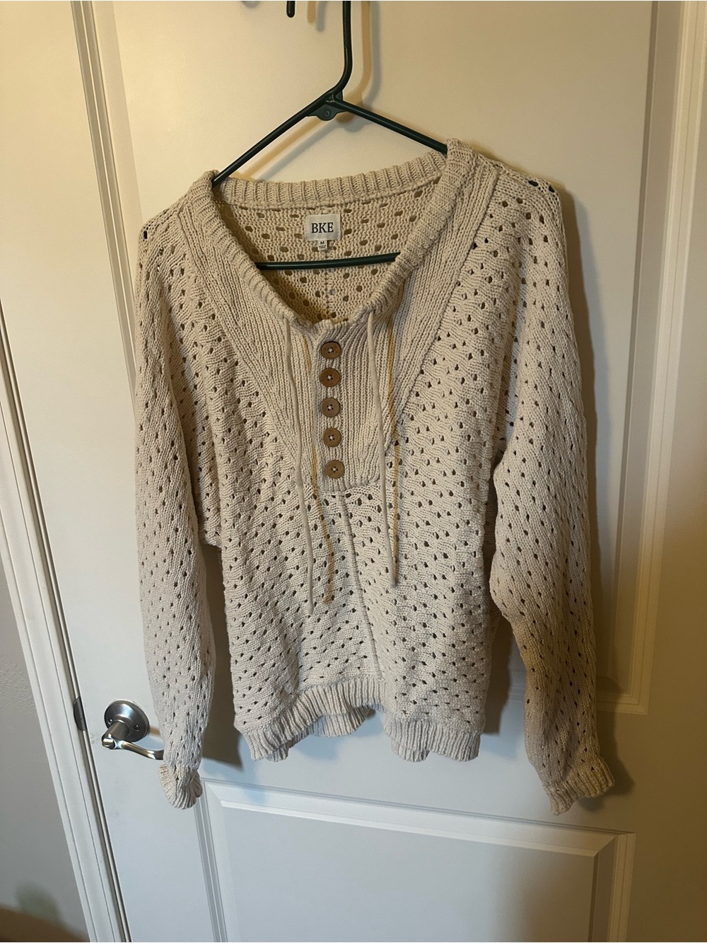 BKE Cream Open-Knit V-Neck Button Pullover
